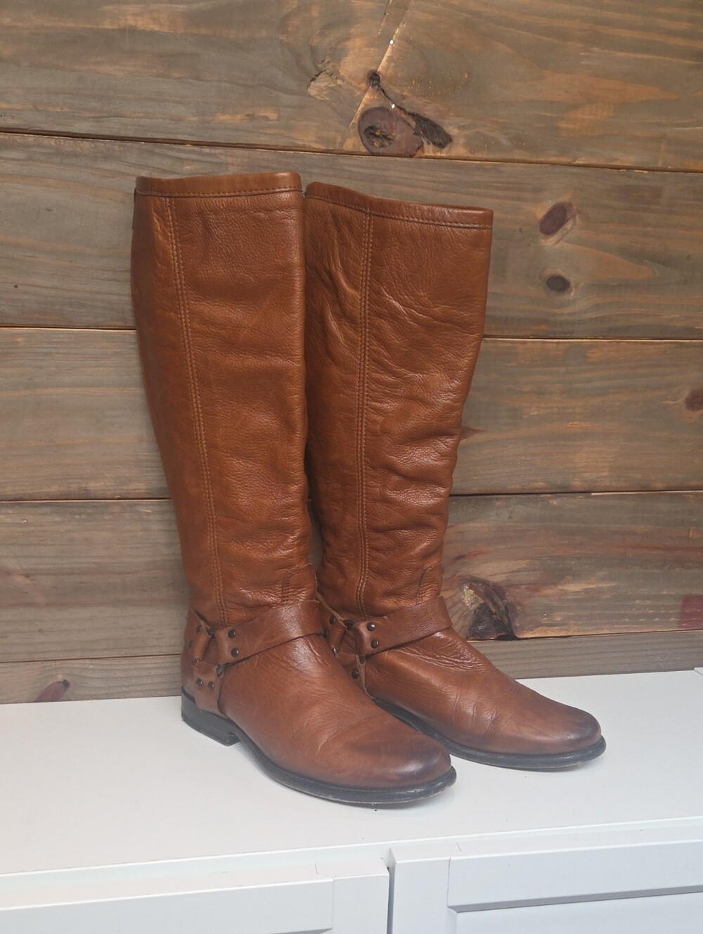 Frye Phillip Harness Tall Cognac Brown Leather Boots